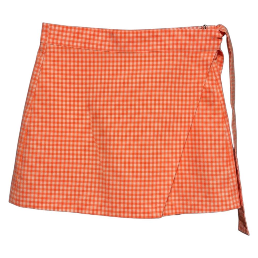 Zara Gingham Check Plaid Wrap Skort Neon Bright Orange Hot Pink White XS